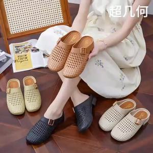 2025 Spring/Summer New Round-Toe Slippers With Hollowed-Out Belt Buckle Comfortable Mid-Heel Lazy Slippers For Mothers