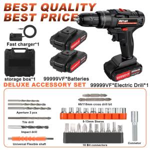 Cordless Electric Impact Drill Hammer Drill Percussion Drill Driver Double-Speed With 2 Li-ion Batteries Cordless Driver-Drill Kit With 34PCS Free Accessories Set Drills Electric Drill Screwdriver Power Tools Lithium Battery Variable Speed