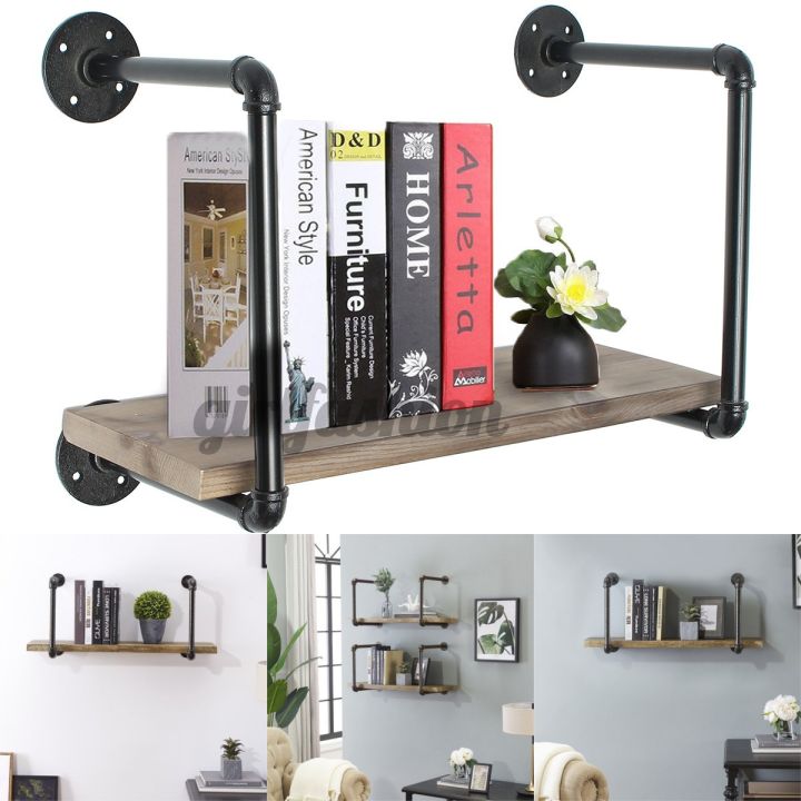 Kệ gắn tường 1 tầng để sách bằng gỗ MDF phối khung kiểu ống nước decor trang trí nhà và quán Cafe