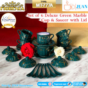 FIORENZA 6 pasang cangkir set + sendok + tutup series duluxe green marble 220ml / tea set coffee cup and saucer ceramic with spoon