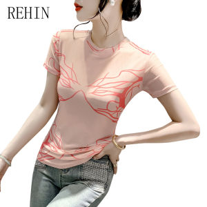 REHIN Fashion mesh floral printed short sleeve round neck T-shirt Slim-fit elegant womens top