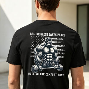 [Local Stock] HBESTY  All Progress Takes Place Outside Comfort Zone Summer Men Cotton T-shirt Gorilla US Flag Gym Graphic Casual Short Sleeve Costume