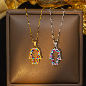 Fashion necklace pendant - Luxury and exclusive small-scale collar chain accessory 欧美 钛钢砝码之手镶钻项链爆款彩锆吊坠高级感个性锁骨链饰品