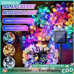 VIVOLILV Solar Flower Strings Lights Fairy Cherry Blossoms String Lights Outdoor Waterproof Cherry Blossom Lights Outdoor Garden Christmas Decoration For Christmas Tree Garden