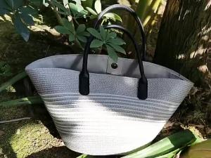 DaVee Handmade woven straw bag Beach bag tote shopping bag grey striped bag straw bag