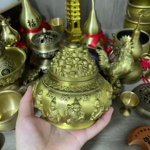 Brass Five Roads God of Wealth Treasure Bowl Feng Shui Wealth God Money Pot Home Office Wealth Attracting Decor