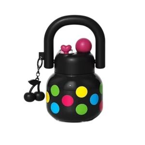 CHANBAEK Large Capacity Kids Water Sippy Cup Double Drink Cherry Bowknot Plastic Sippy Cup Portable 304 Stainless Steel Straw Water Bottle Home/School