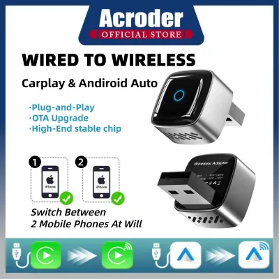 Acroder B5 2 In 1 Wireless CarPlay Adapter Android Auto Wired to Wireless Smart Switch Button