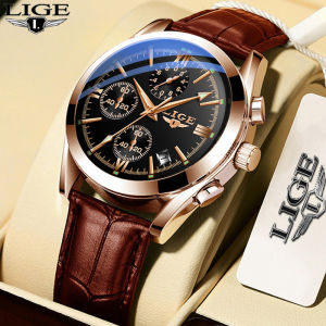 LIGE New Fashion Men Watches Military Quartz Wristwatch Premium Leather Waterproof Sport Chronograph Jam Tangan Lelaki