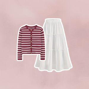 3in1 One Set Korean Style ( Cardigan Stripe Wanita Rok Susun  Pashmina Kaos Anti Kusut ) - KA087