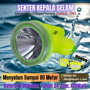 Senter Kepala Diving Vipoo 120 Watt S-7351 Cahaya Putih / Senter Kepala Led Selam Vipoo S-7351 Diving / Senter Kepala 120W Headlamp Led Diving Super Terang