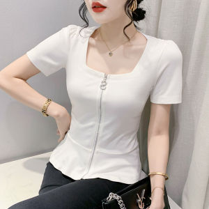 YIMEI Celebration Red Top Cotton 2023 Summer New Zipper Cardigan Waist Wrapped T-shirt Slim Fit Classic Fashion Beautiful Womens Short T-shirt