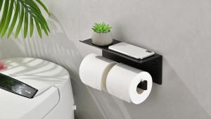FORIOUS Double Toilet Paper Holder with Shelf Wall Mount Tissue Roll Holder for Bathroom 304 Stainless Steel Commercial Toilet Paper Dispensers with Phone Shelf (1 Brushed Nickel)