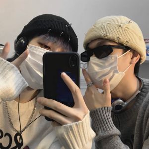 COSE Stretch Vintage Bonnet Female Distressed Hole O-Ring With Pins Warm Cap Beanie Hat Knitted Hat Solid Color