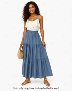 EE  2026 summer new womens a-line midi skirt | faux denim patchwork design | elastic waist mid-length cake skirt