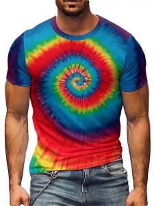 ladaza Men 3d Digital short-sleeve shirt with colorful swirl pattern T Shirt Summer sun protection and sweat-proof round neck top