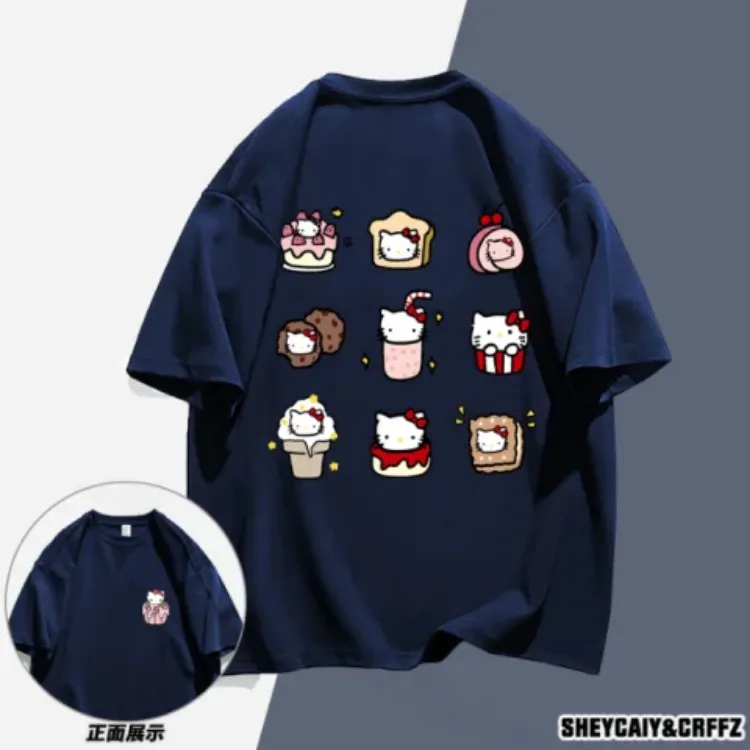 Hello Kitty T-shirt Women Cartoon Pattern T-shirt Women's Clothing Fashion  Korean Style Loose Vintage T恤女