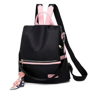 RJZ28 Polyester Women Daily Backpack Anti-theft Large Capacity Oxford Cloth Daypack Portable Cat PU Pendant Contrast Color School Bag Girls