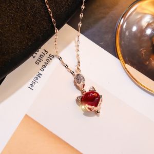 OYJR Luxury 18k Rose Gold Crystal Ruby Fox Stainless Steel Necklace for Women Anti Rust Clavicle Chain Pendant Lucky Jewelry