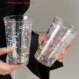🎀Perfection Store1🎀 Bow Glass Cute Water Cup Cartoon Bow Glass Cup Striped Cute Doodle Coffee Mug Household Fruit Tea Lemonade Girls Gift