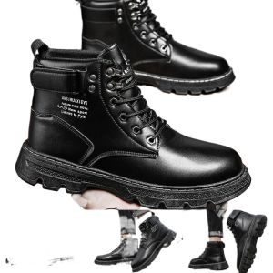 Stylish Men’s Chunky Leather Boots – High-Top School Casual Shoes Motorcycle-Inspired Martin Boots with Durable Grip Sole