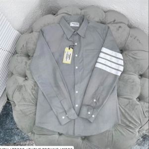 Áo Sơ Mi THOM Xám Trơn 4 Vạch Tay Vải Cotton Lụa Cao Cấp 9X.Store