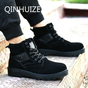QINHUIZE Fashion safety boots mens anti-smashing anti-piercing steel toe cap insulated construction site welding special forces work high-top safety cotton shoes