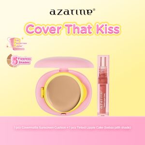 Abadi Mall Azarine Cover That Kiss Set [2 PCS] Covermatte Cushion + Tinted Lippie Cake Liptint Longlasting Hydrating Extra Moisturizing Cushion Tahan Lama Flawless Matte Finish Lightweight Makeup Easy Application Buildable Coverage
