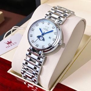OLEVS 5573 Quartz Fashion Women Watch Gift Round-dial Stainless Steel Watchband Wristwatch Moon Phase
