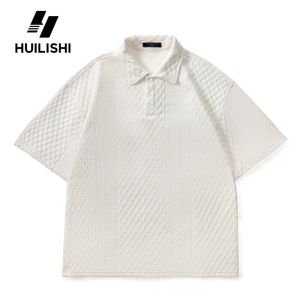 HUILISHI Textured mens plain short-sleeved casual loose polo/top