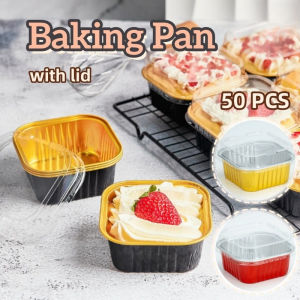 50Pcs Aluminum Foil Baking Pans with Lid Disposable Squar Cake Container Microwavable Baking Tray