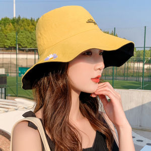 WFS เน็ตไอดอล บักเก็ต ผู้หญิง หมวกผ้า กันแดด ใส่ได้สองด้าน หน้ายิ้ม สไตล์เกาหลี หมวกกันแดดกันยูวี หมวกผ้าปีกใหญ่