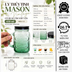 Bộ Ly Mason Vintage 450ml Có Quai Cầm Nắp Kim Loại Ly Thủy Tinh Màu Sắc Trang Trí