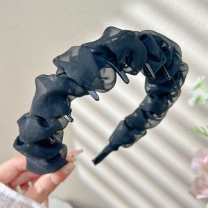 Korean Fairy Oversized Mesh Pleated Headwear Hairbands Ruffled Mesh Headband with Anti-Slip Teeth High Cranial Top Hair Hoop Hair Accessories for Women