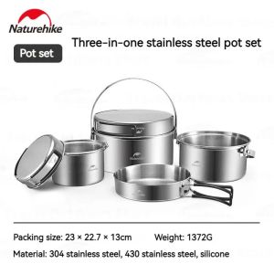 Cooking Set Camping Stainless Steel 3 in 1 Naturehike NH22CJ005 Nesting Alat masak Camping Hiking Panci Penggorengan