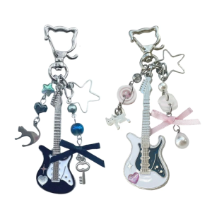 Playful Cats Design Electric Guitar Keychain Sturdy Beaded Artwork Compact Decoration For Backpacks Cards And Lovely Aesthetics