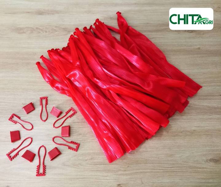 Túi lưới nhựa màu đỏ đựng nông sản mây thái, me thái, khoai lan, cà chua,  hành tím 10 bộ bao gồm khóa túi lưới