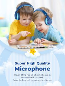 NEW!!! iClever BTH12 Kids Headphones Colorful LED Lights Kids Wireless Headphones with 74/85/94dB Volume Limited Over Ear 40H Playtime Bluetooth 5.2 Built-in Mic for School/Tablet/PC/Airplane Blue
