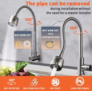 304 Stainless 360°Flex Rotation Universal Kitchen Faucet Steel Wall Mounted 2 Stream Mode Water Saving Tap with Filter with 60CM Water Hose Universal Faucet Sink Balcony Mop Pool Single Cold