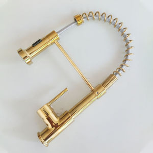 Baokemo Bright Gold Stainless Steel Spring Fixing Kitchen Sink Faucet 360 Degree Rotation 2 Model Pull Out Sprayer Nozzle Single Handle Hot Cold Mixer Faucet