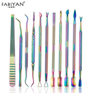 12 Style Rainbow Stainless Steel Nail Cuticle Pusher Nail Art Files UV Gel Polish Remove Manicure Care Groove Clean Tool