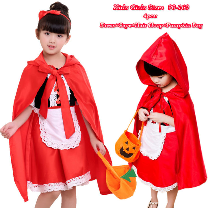 Cute Little Red Riding Hood Costume Set For Girls 7-14 Years | Dress, Cape, Apron & Pumpkin Bag