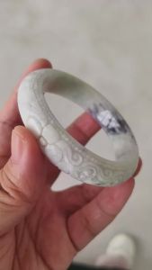 54.5mm Natural Type A Black Chicken Species Burmese Jadeite Round Band Bangle With Flower Carved