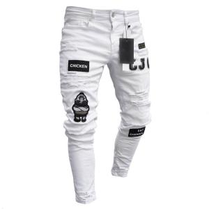 Naimo Men Stretchy Ripped Skinny Biker Embroidery Cartoon Print Jeans Destroyed Hole Slim Fit Denim High Quality Hip Hop Black Jeans