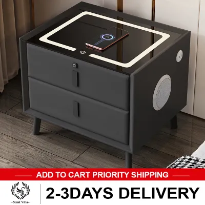 Saint Villa smart bedside table Nordic simple modern locker solid wood storage cabinet multi-function wireless charging fingerprint lock bedside table with bluetooth speaker 2-layer locker