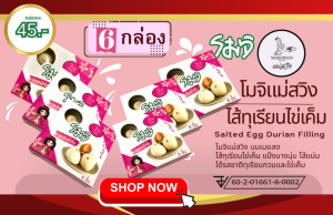 6 Box โมจิแม่สวิงไส้ทุเรียนไข่เค็ม 8 ลูก /1กล่องๆละ 130กรัม แพค6 กล่อง(คุ้ม!!!)