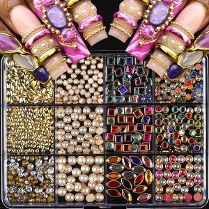 Luxury 3D Nail Charms Rhinestones Metal Jewelry Nail Decoration Vintage Pendants Colorful Shiny Diamonds Nail Gems Pearl Nail Supplies for DIY Studs Nail Decor 12 Grids