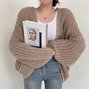 Lazy Wind Thick Needle Wool Sweater Cardigan New Loose Lantern Sleeves Thin Knit Sweater Tops Women