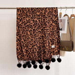 D5JKY Thick Leopard Print Scarf Cozy Fleece Cashmere Feel Scarf Tassel Neck Warmer Thermal Winter Shawl Wrap Daily Commute