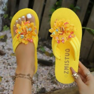 Free Shipping Floral-Patterned Thick-Soled Wedge-Heeled Flip-Flops For Summer Wear Casual Height-Increasing WomenS Sandals Bright Yellow